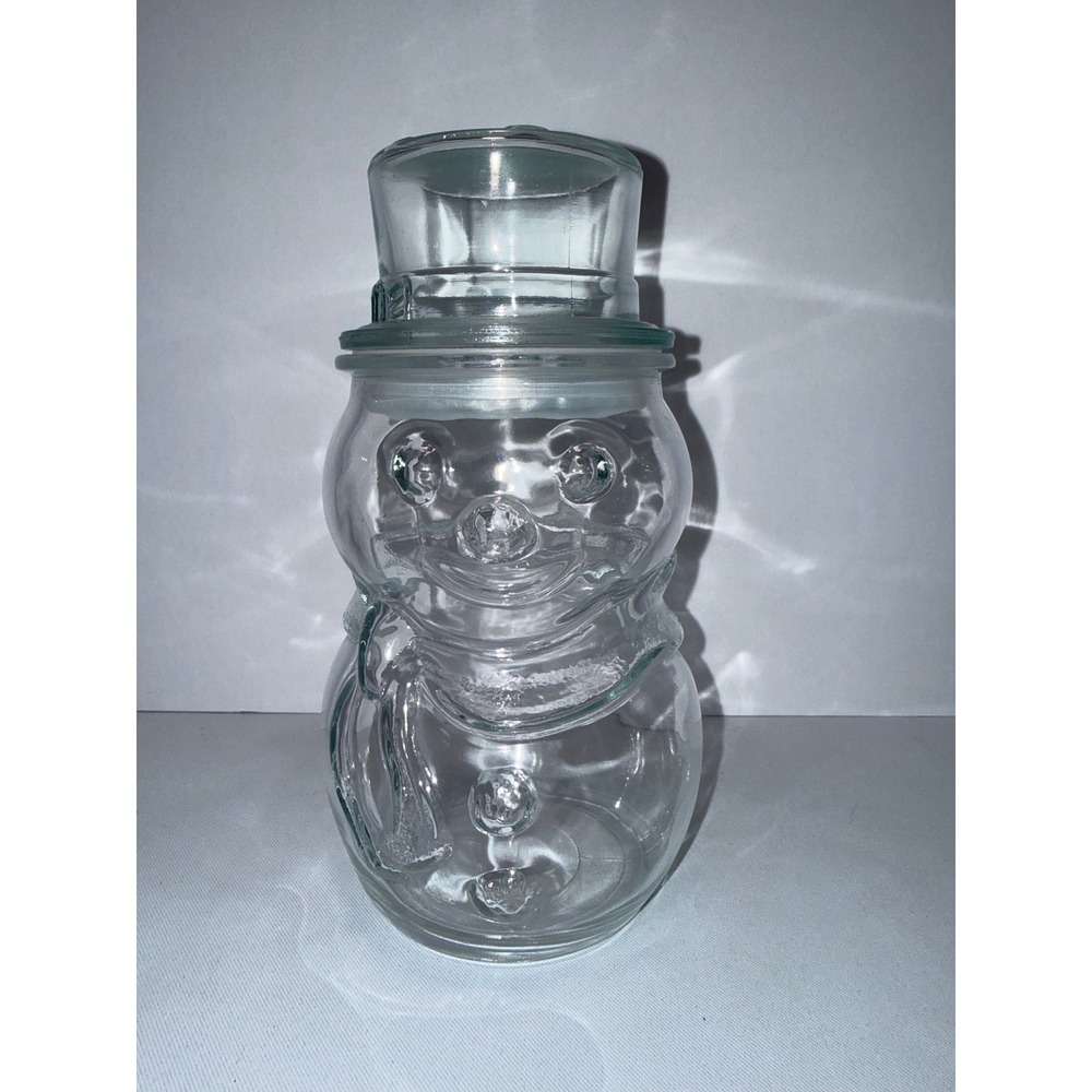 Vintage Clear Glass Snowman‎ Canister Jar with Top Hat Lid Holiday Decor Mexico